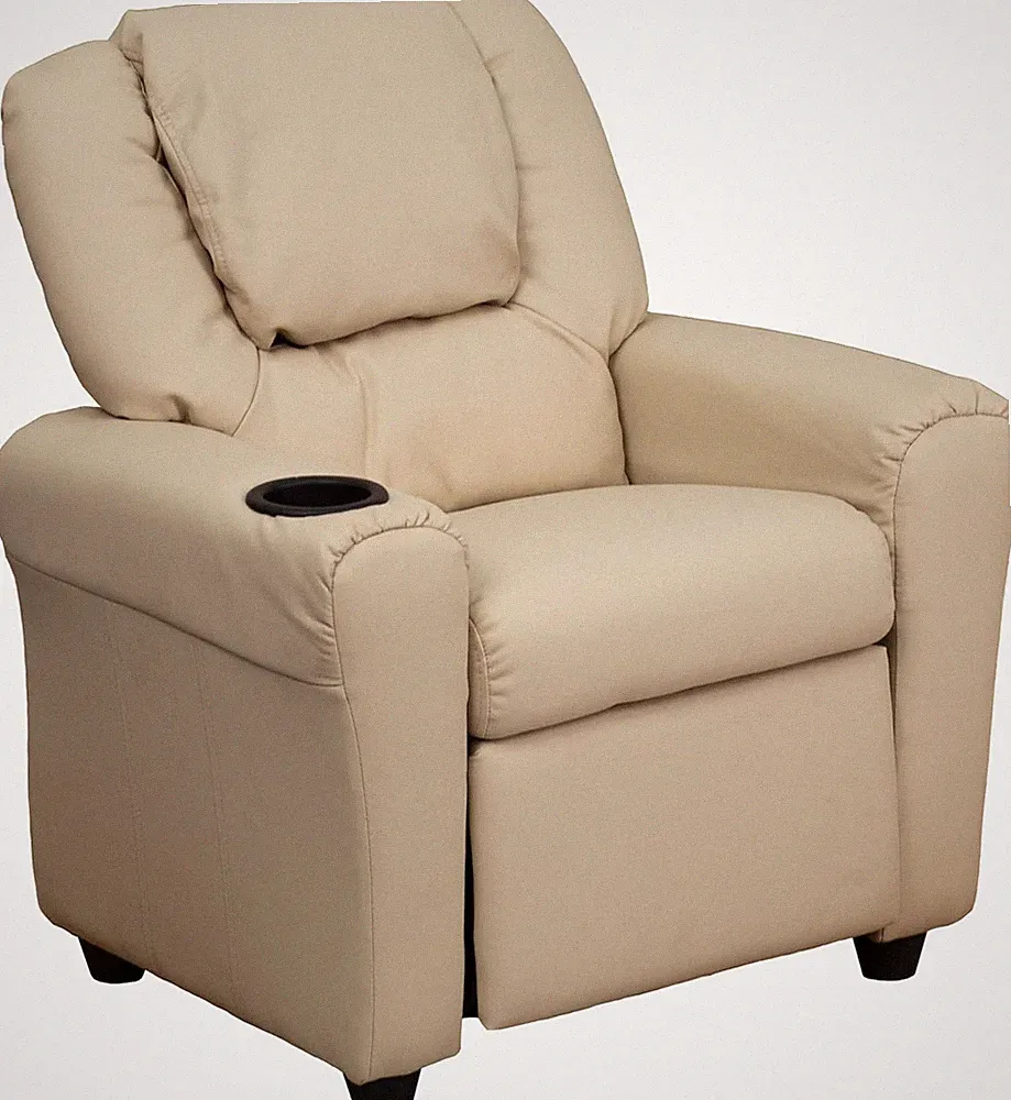 Beige Vana Vinyl Kids Recliner with Cup Holder & Safety Recline, Up to 90 Lbs.