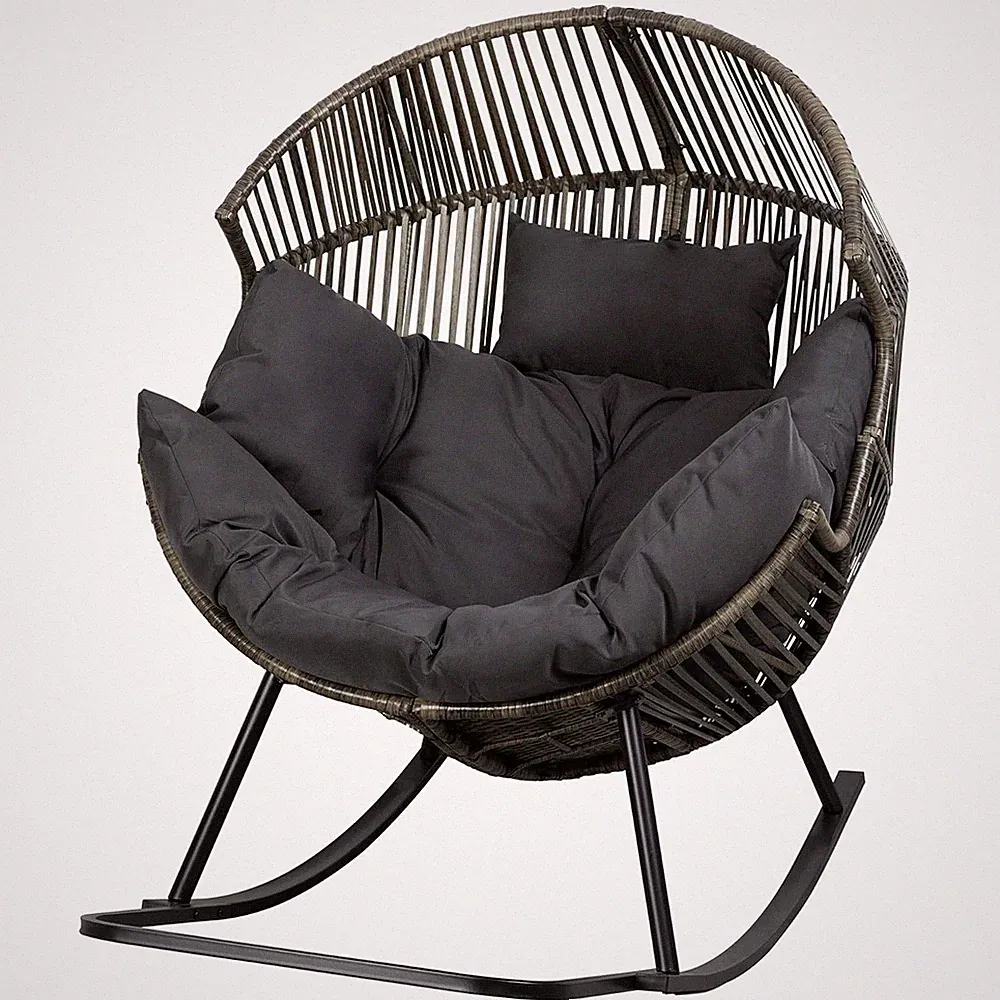 JAMFLY Egg Chair Outdoor Rocking Chair, Dark Gray Wicker Lounger, Indoor/Outdoor